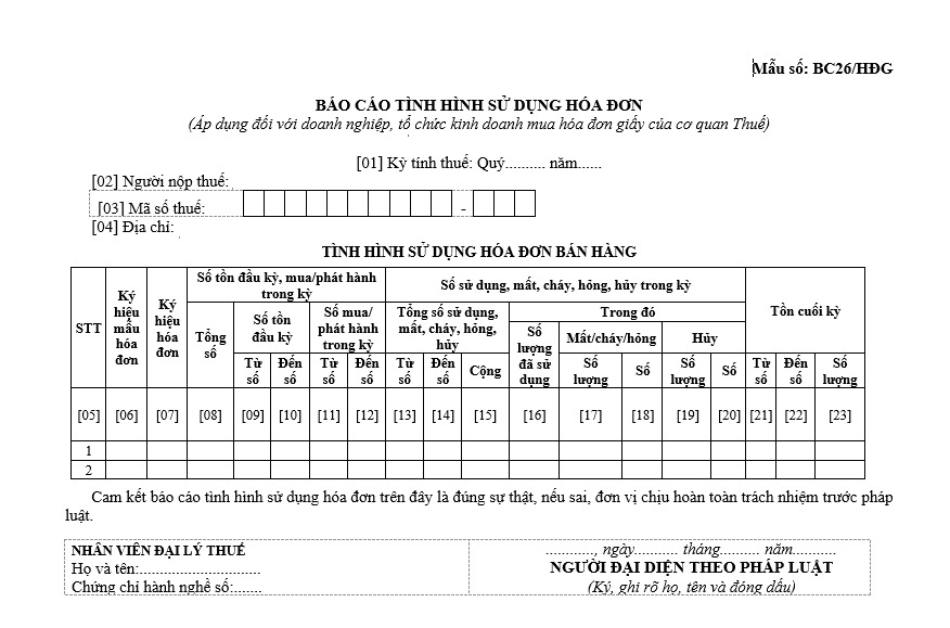 Mẫu báo cáo tình hình sử dụng hóa đơn mới nhất