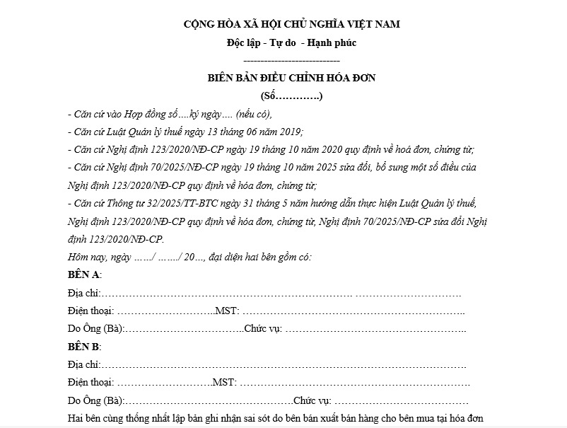 Mẫu biên bản hủy hóa đơn