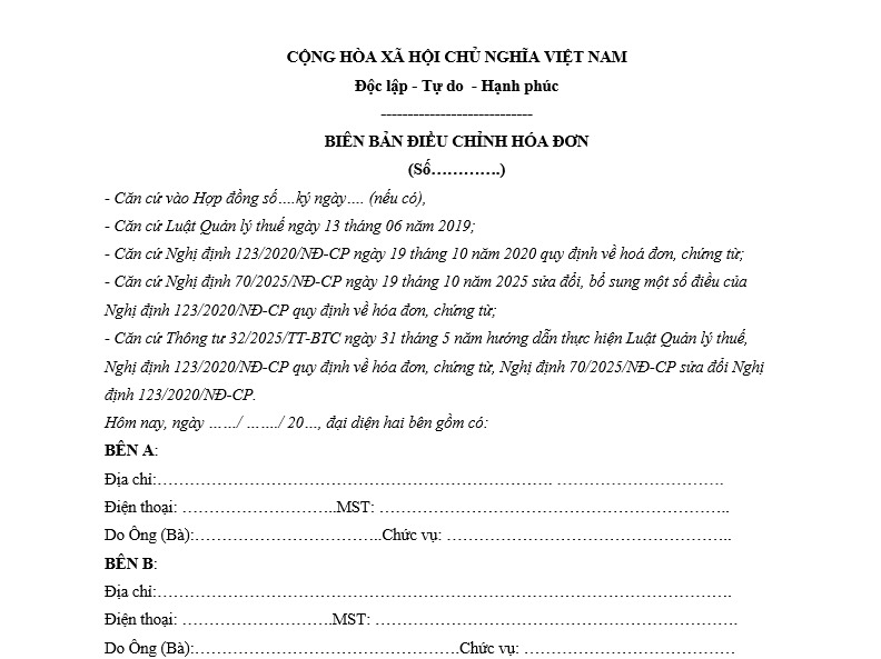 Mẫu biên bản điều chỉnh hóa đơn