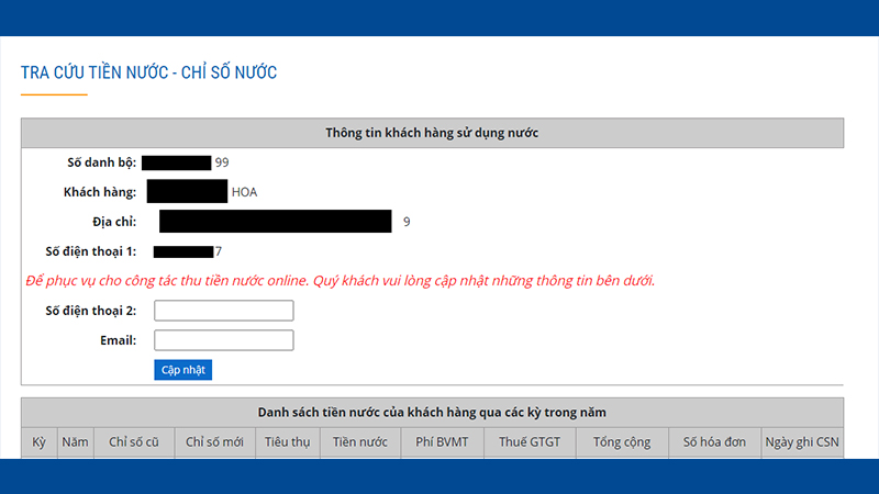Tra cứu tiền nước bằng Website