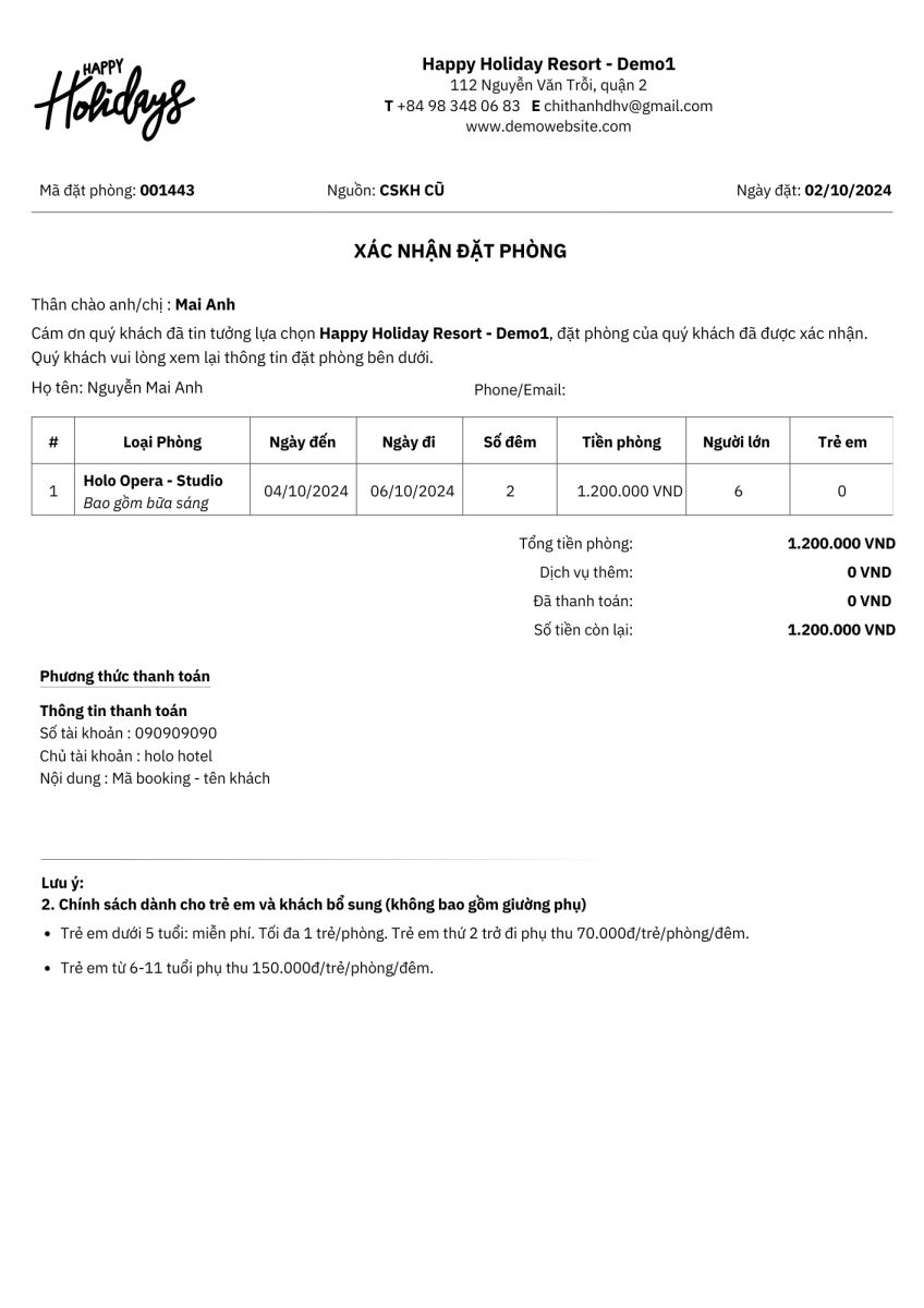 Mẫu hóa đơn xác nhận đặt phòng
