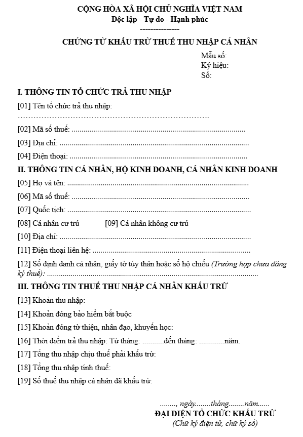 Mẫu chứng từ khấu trừ thuế TNCN mới nhất (Mẫu số 03/TNCN)