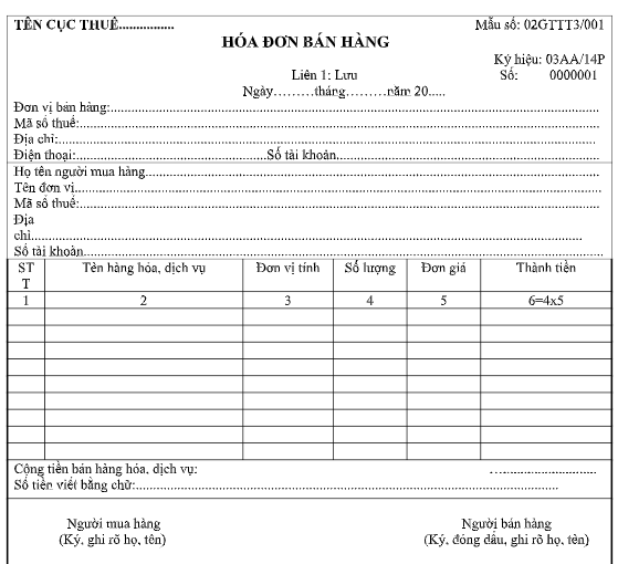 Mẫu hóa đơn trực tiếp mới nhất hiện nay