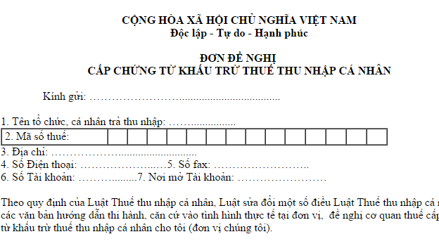Mẫu đơn đề nghị cấp chứng từ khấu trừ thuế TNCN mới nhất