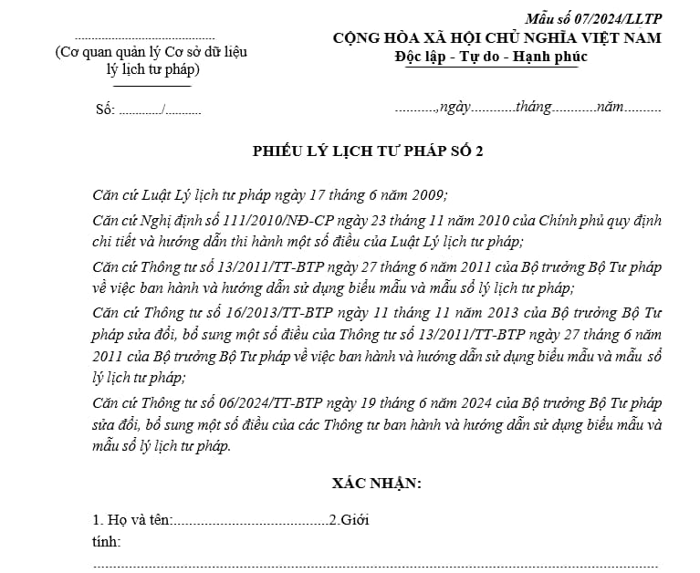 Mẫu lý lịch tư pháp số 2 mới nhất