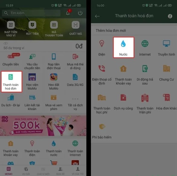 Tra cứu tiền nước bằng MoMo