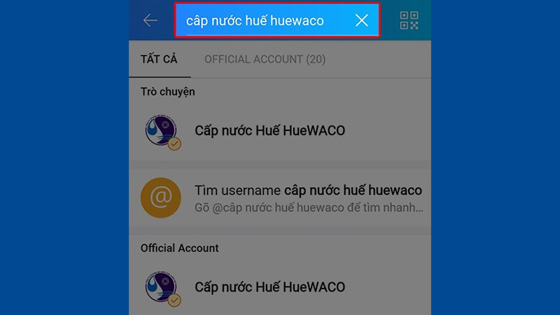 Mở ứng dụng Zalo và nhập tên công ty cấp nước của bạn vào ô tìm kiếm