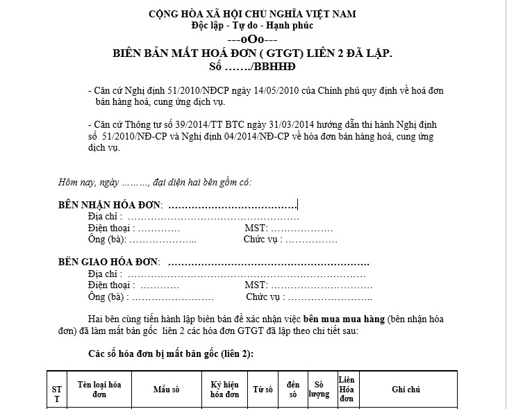 Mẫu biên bản mất hóa đơn GTGT liên 2