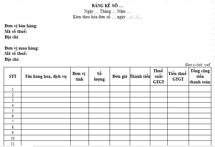 Mẫu bảng kê chi tiết kèm hóa đơn điện tử