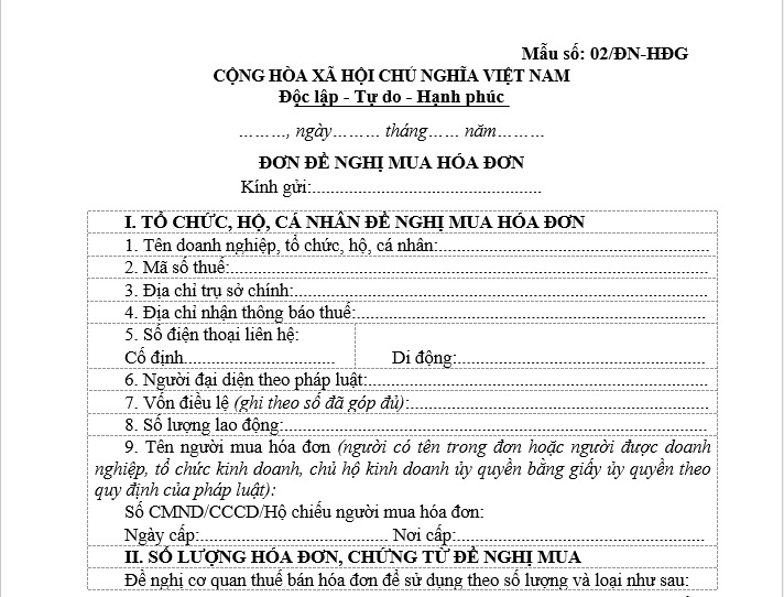 Mẫu Đơn đề nghị mua hóa đơn do cơ quan thuế quy định 