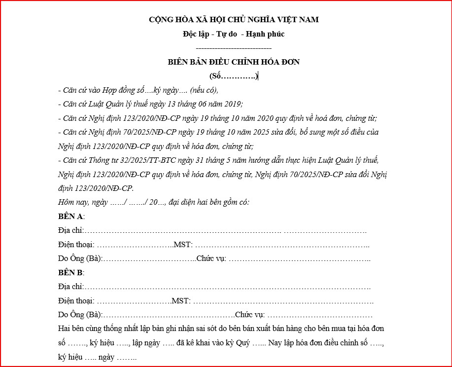 Mẫu biên bản điều chỉnh hóa đơn điện tử theo Nghị định 70/2025