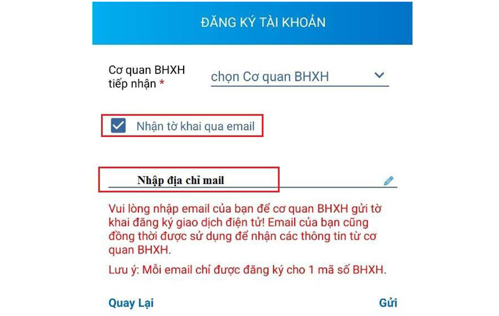 Lấy tờ khai qua email đăng ký BHXH