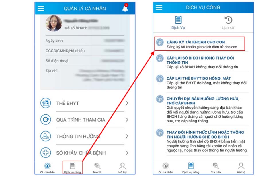 Bước 2: Chọn chức năng đăng ký cho con