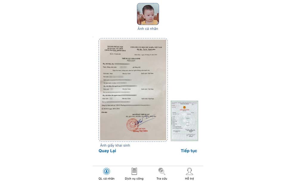 Bước 4: Cập nhật ảnh giấy khai sinh và ảnh cá nhân