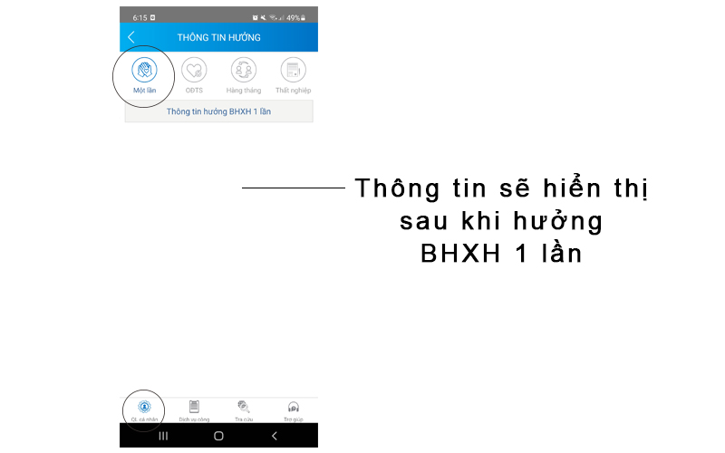 Thông tin hưởng BHXH 1 lần sẽ được trình bày tại mục QL cá nhân