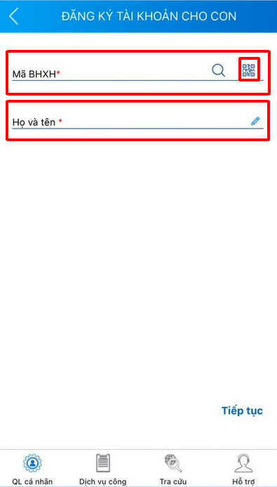 Bước 3: Nhập thông tin của con